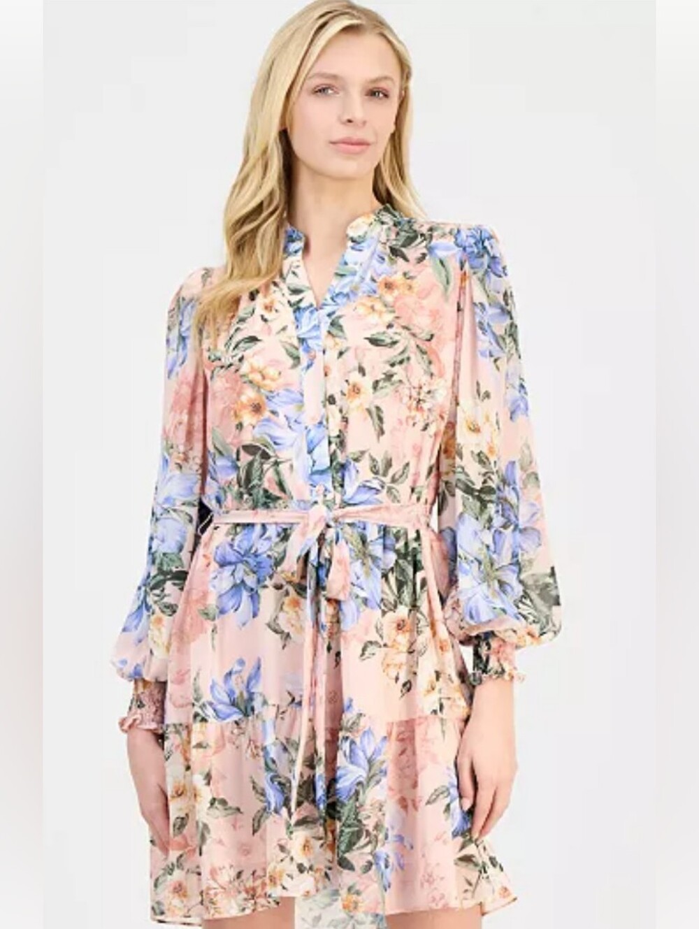 NWT Robbie Bee floral/Hawaiian print chiffon belted dress. Pink. Size Medium